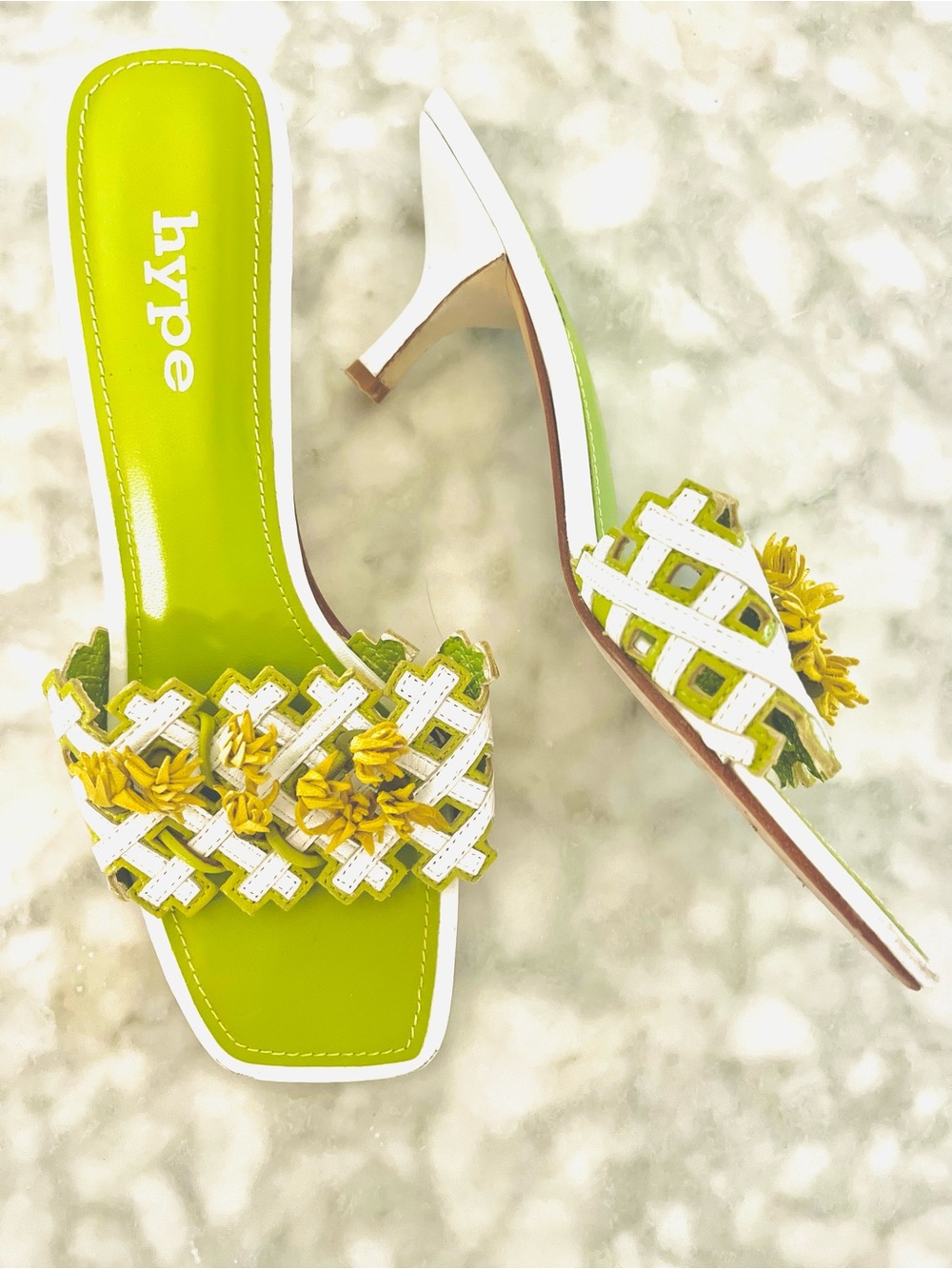 90s/y2k Vintage Lime Green and Yellow Floral Lattice Slide Heels